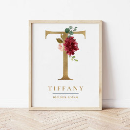 T Brev Monogram Namn Marsala Blommigt Nursery Poster