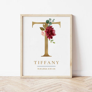 T Brev Monogram Namn Marsala Blommigt Nursery Poster