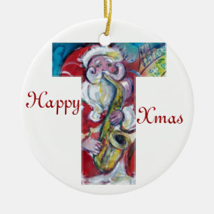 T BREV/SANTA OCH SAX, CHRISTMAS PARTY MONOGRAM JULGRANSPRYDNAD KERAMIK