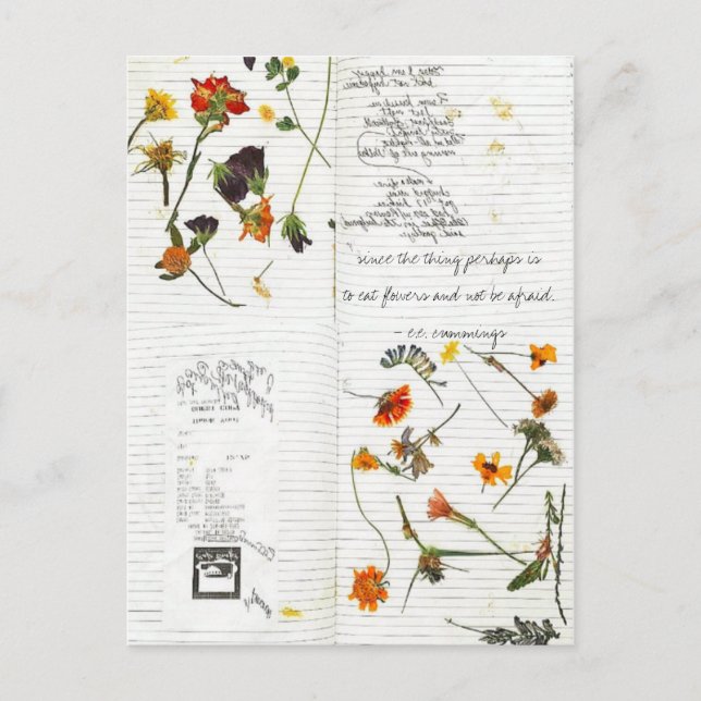 t.ex. blomkorgar, pressade, kursiva dagbok vykort (Framsida)