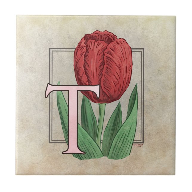 T för Tulip Flower Blommigt Monogram Art. Kakelplatta (Framsidan)