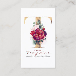 T Monogram Burgundy Red Flowers och Guld Glitter Visitkort