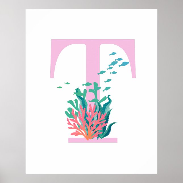 T Monogram Initial Monogram Rosa Teal Hav Poster (Framsidan)