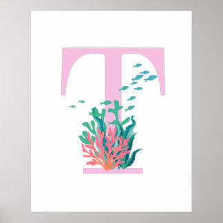 T Monogram Initial Monogram Rosa Teal Ocean Affisc Poster