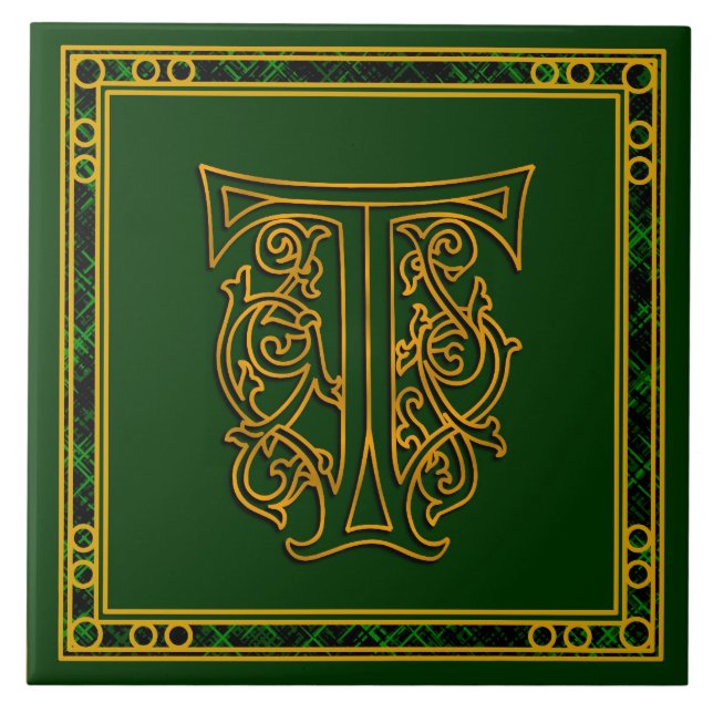 T Monogram "Irish Guld on Grönt" Ceramic Tile Kakelplatta (Framsidan)