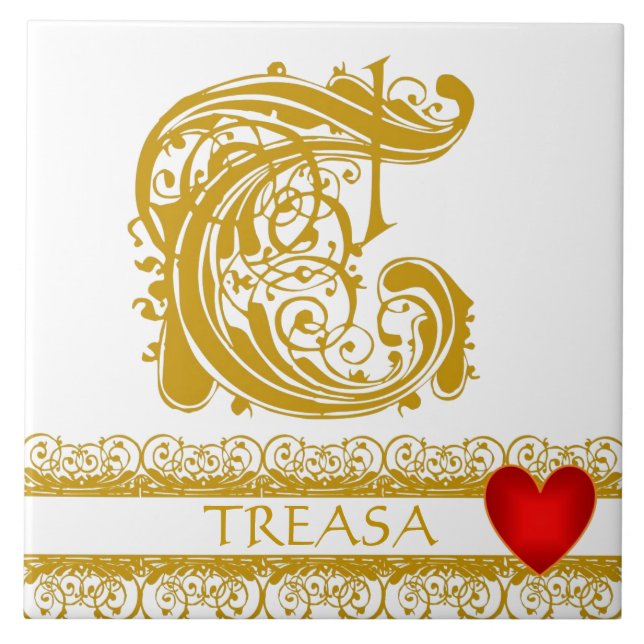 T Monogram Namn Guld Snöre Red Heart Template Tile Kakelplatta (Framsidan)
