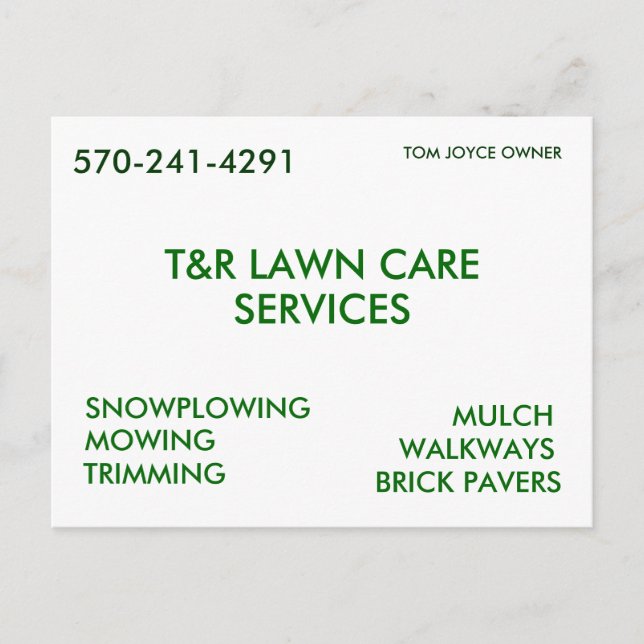 T&R GRÄSMATTA CARE, SERVICES, SNOWPLOWING, MOWING, VYKORT (Framsida)