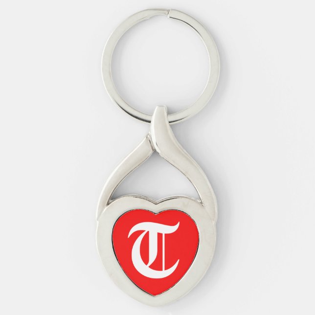 "T" Red Heart Keychain Twisted Heart Silverfärgad Nyckelring (Framsidan)