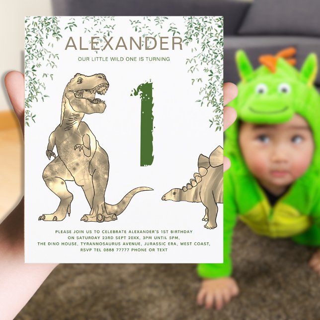 T-Rex 1-års födelsedagsfest Vilda Ettan (Wild one T-Rex dinosaur jungle 1st birthday party invitation brown and green)