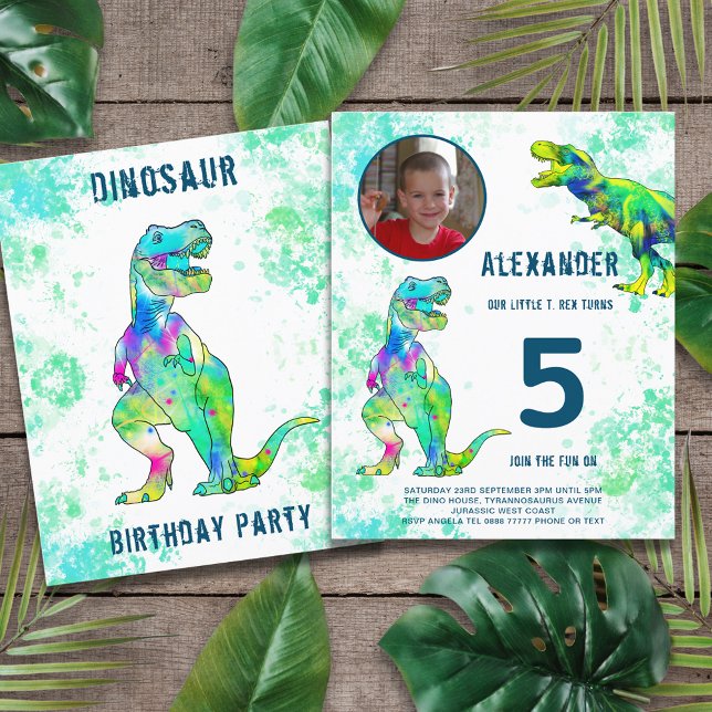 T-Rex 5-års födelsesdagsfest budget (Dinosaur T-Rex jungle 5th birthday party budget invitation with photo template green)