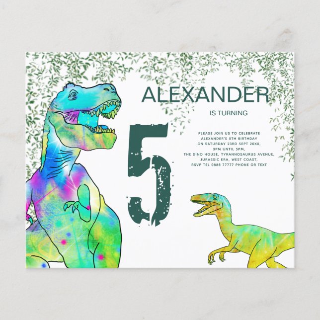 T Rex 5-årsfest Budget Inbjudan Flygblad (Framsidan)