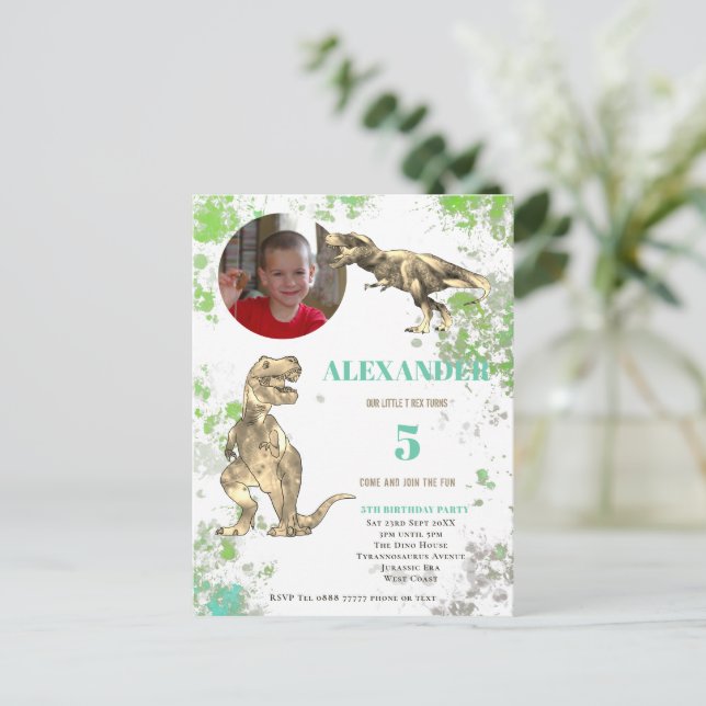 T rex 5:e Födelsedagsfesten Tyrannosaurus Photo Inbjudan Vykort (Stående Fram)