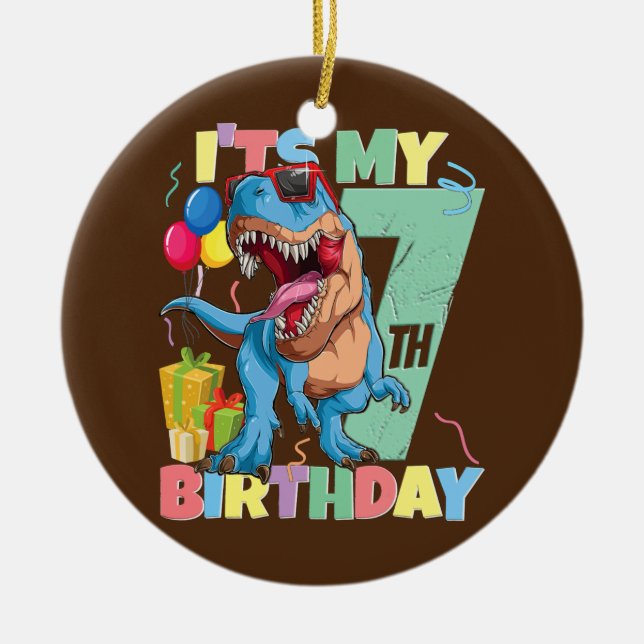T Rex 7:e Birthday Boy Girl 7 Years 2015 Dinosaur Julgransprydnad Keramik (Framsidan)