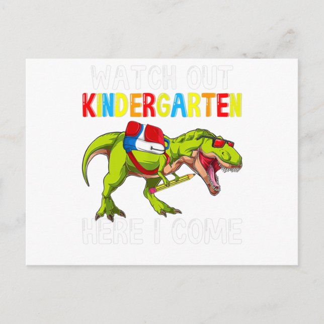 T Rex Back to school Kids Watch Out Kindergarten H Vykort (Framsida)