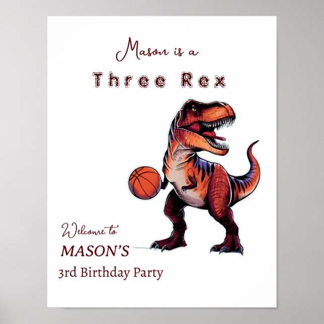 T-Rex basketboll Dino födelsedags välkomstskylt Poster (Framsidan)