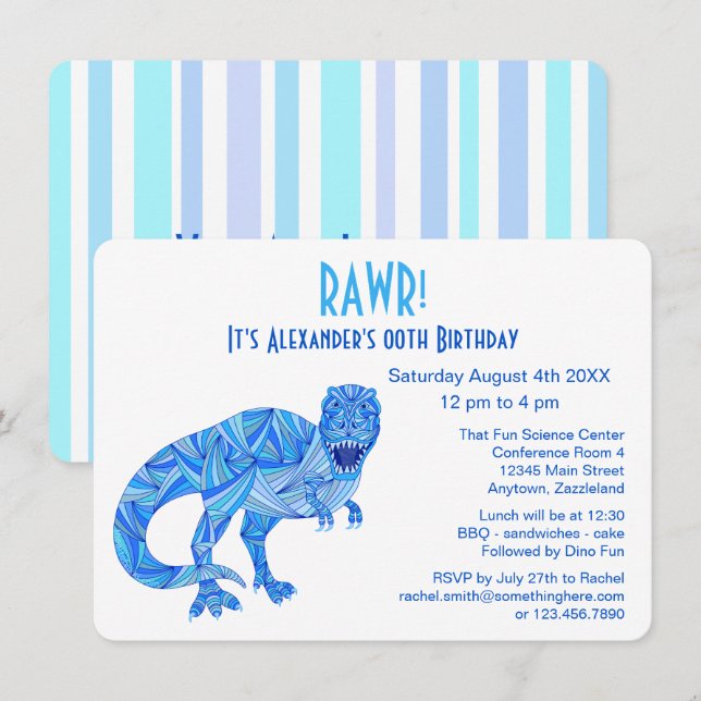 T-Rex Blue Dinosaur PreHistory Birthday RAWR Inbjudningar (Fram/baksida)