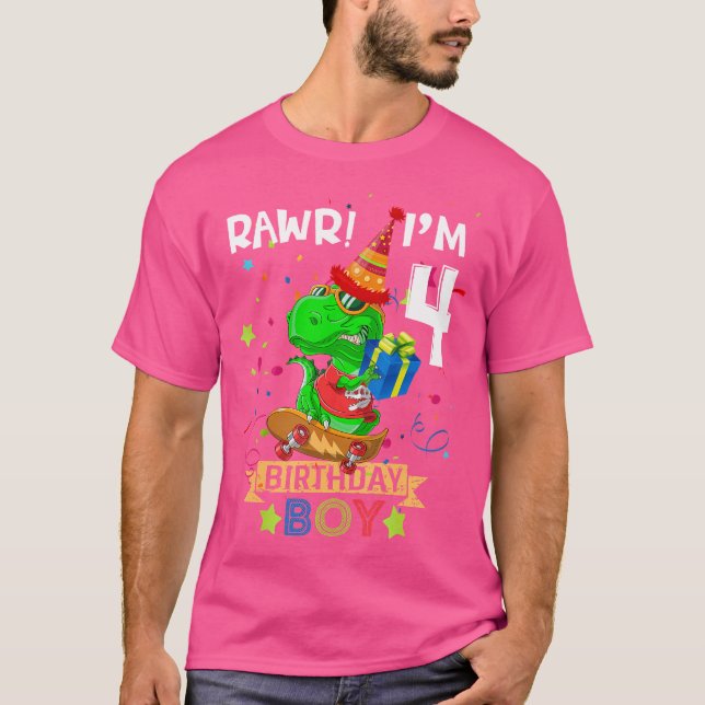 T Rex Boy 4 År 4e födelsedagen Boy Party Raw I Shirt (Framsida)