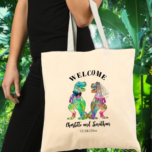 T-Rex Bride och Groom Dinosaur Bröllop Välkommen Tygkasse (Colorful T-Rex bride and groom dinosaur themed wedding welcome tote bag)