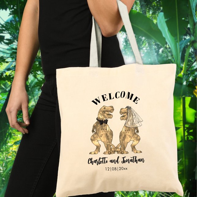 T-Rex Brud och Brudgum Dinosaurie Bröllops Välkoms Tygkasse (Dinosaur themed wedding welcome favor tote with funny T-Rex bride and groom)
