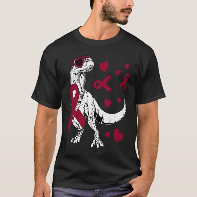 T Rex & Burgundy Ribbon Många Myeloma Medvetenhet T Shirt (Framsida)