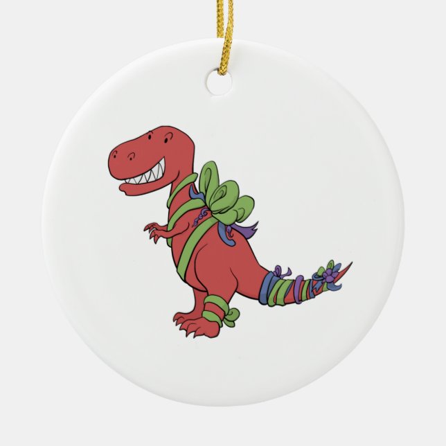 T-Rex Chirstmas-Ribboned prydnad Julgransprydnad Keramik (Framsidan)