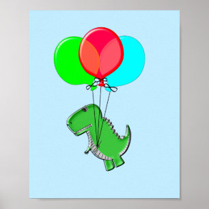 T-rex-cute som flyger med ballonger i Blå himmel Poster