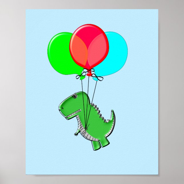 T-rex-cute som flyger med ballonger i Blå himmel Poster (Framsidan)