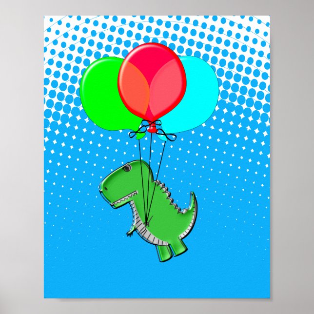 T-rex-cute som flyger med ballonger i Blå himmel Poster (Framsidan)