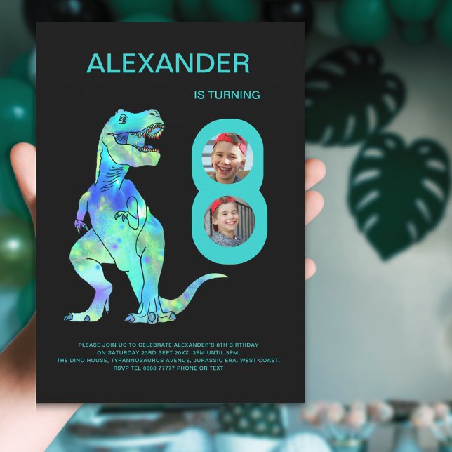 T-Rex Dino Boys 8:e Födelsedagsfesten Inbjudningar (Dinosaur T-Rex boys 8th birthday party invitation with photo template colorful dinosaur blue teal )