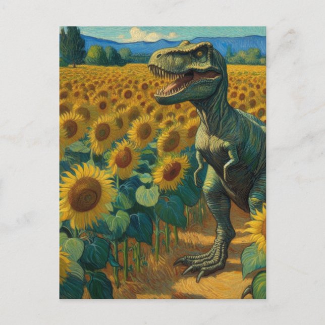 T-Rex Dino i Solros Fält Van Gogh Vykort (Framsida)