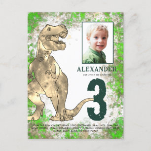 T Rex Dino Jungle 3-års födelsedagsfest Foto Inbjudan Vykort