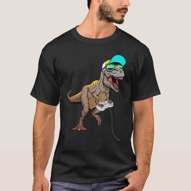 T Rex Dinos Gamer Dinosaurs spelar videospelaren D T Shirt (Framsida)