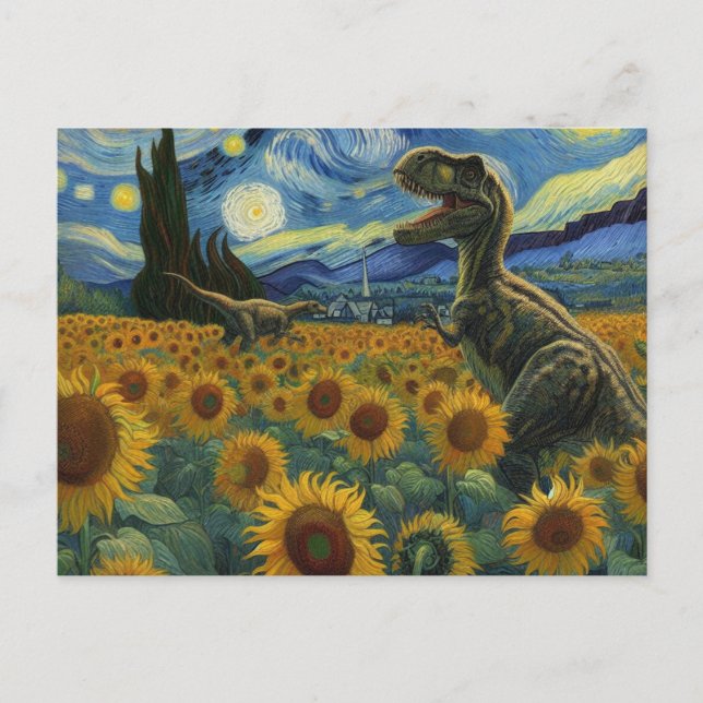 T-Rex Dinos i Van Gogh Starry Nattsolblommor Vykort (Framsida)
