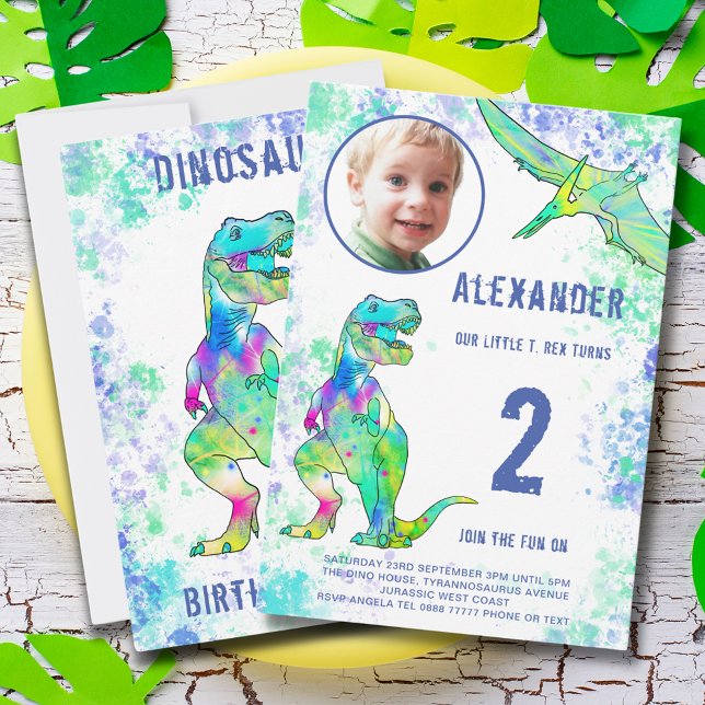 T-Rex Dinosaur 2:a födelsedagen Party Inbjudningar (T-Rex dinosaur 2nd birthday party invitation watercolor Tyrannosaurus rex & pterodactyl flying dino)