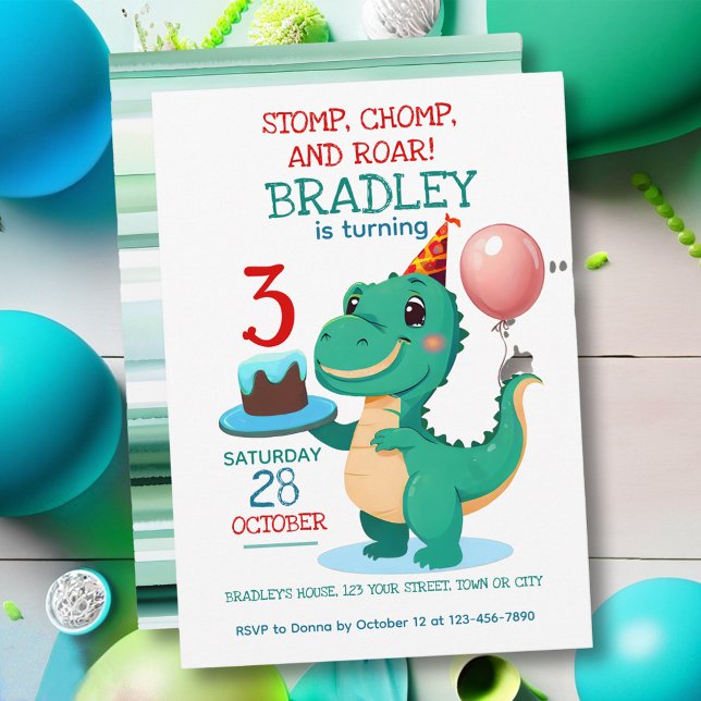 T Rex Dinosaur 3:e födelsedagspartiets inbjudan (Skapare uppladdad)