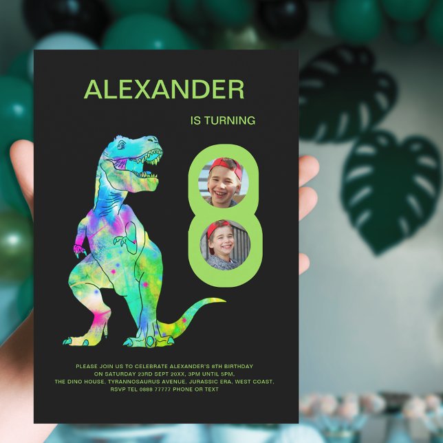T-Rex Dinosaur 8-års födelsedagsfest Anpassad bild Inbjudningar (Colorful Dinosaur T-Rex 8th birthday party 2 photo collage green and black invitation)
