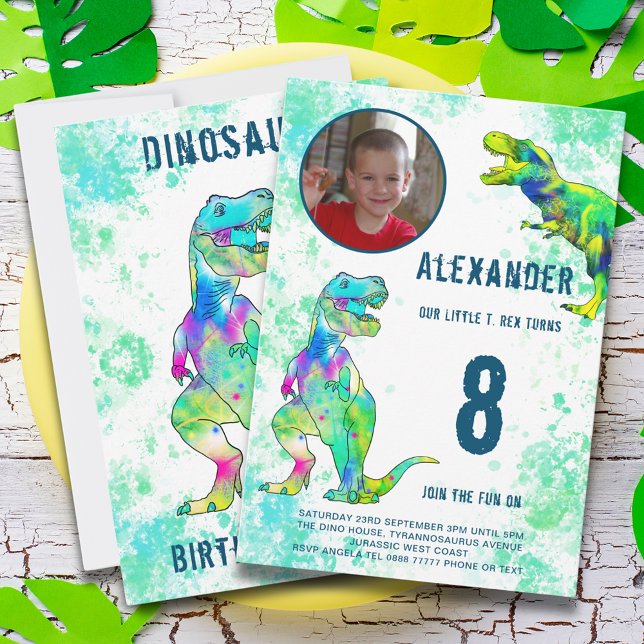 T-Rex Dinosaur 8:e Födelsedagsfesten Inbjudningar (T-Rex dinosaur 8th birthday party invitation with photo template & colorful watercolor tyrannosaurus)