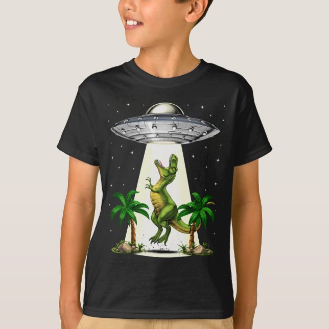 T-Rex Dinosaur Alien Abduction T Shirt (Framsida)