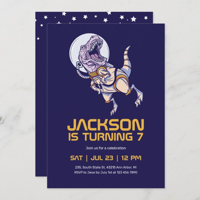 T-rex Dinosaur Astronaut Rymden Barns födelsedag Inbjudningar (Fram/baksida)