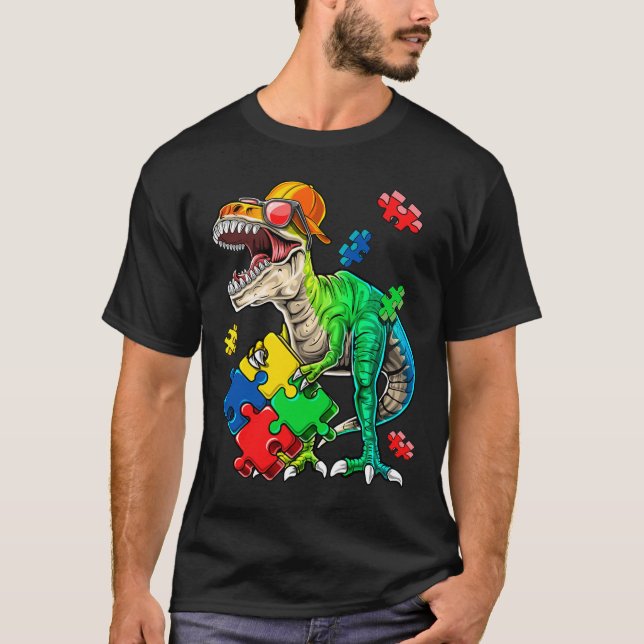 T Rex Dinosaur Autism Awareness Puzzle Biet Gift Shirt (Framsida)