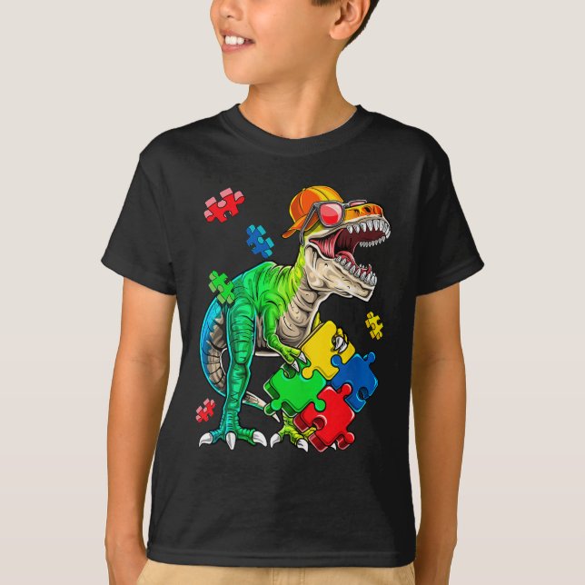 T Rex Dinosaur Autism Awareness Puzzle Biet Gifts Shirt (Framsida)