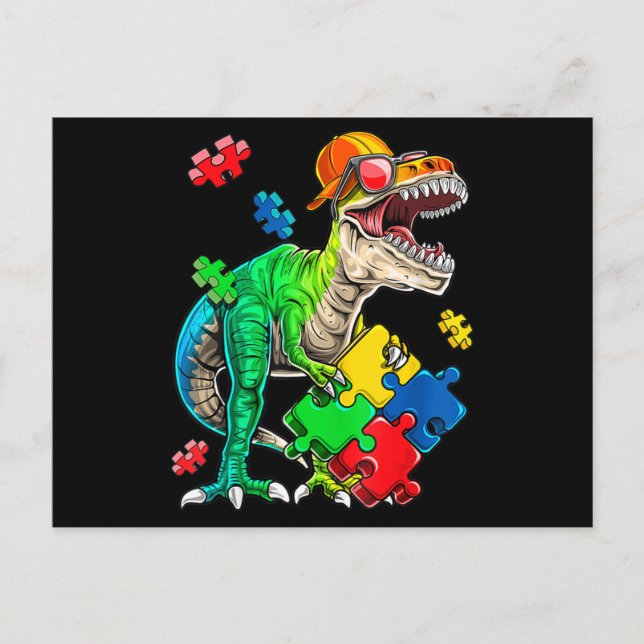 T Rex Dinosaur Autism Awareness Puzzle Biet Gifts Vykort (Framsida)