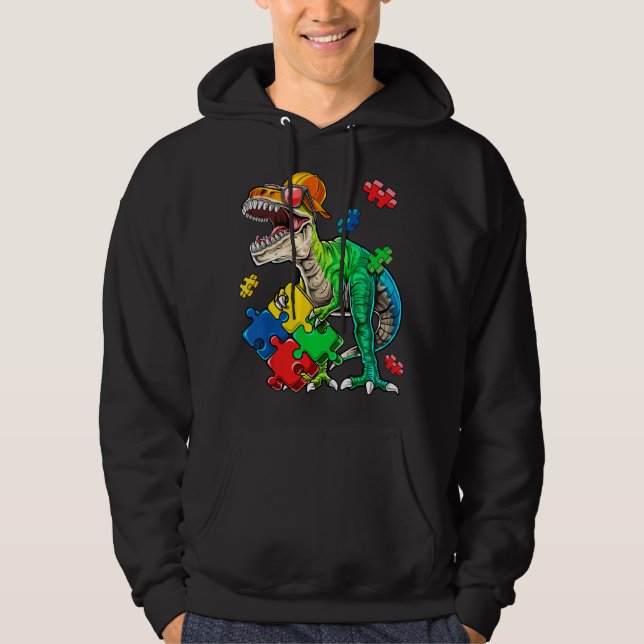 T Rex Dinosaur Autism Medvetenhet Pusselbit för K Hoodie (Framsida)