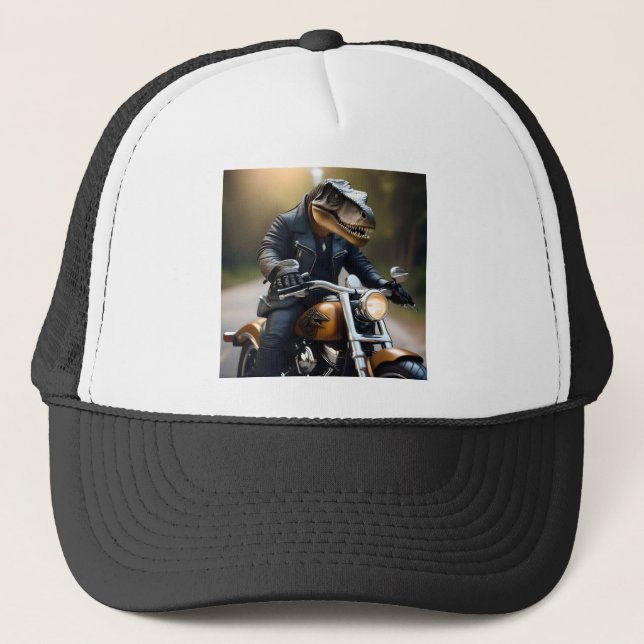 T-Rex Dinosaur Bikie på en motorcykel, Keps (Framsida)