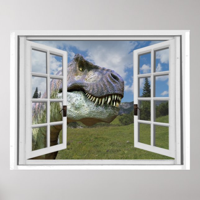 T-Rex Dinosaur Bild View Fake Window Poster (Framsidan)