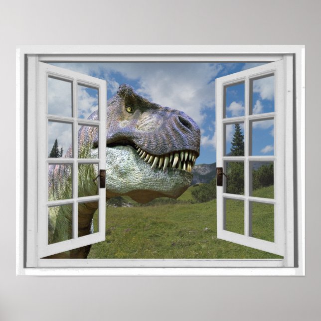 T-Rex Dinosaur Bildvy Falskt Fönster Poster (Framsidan)