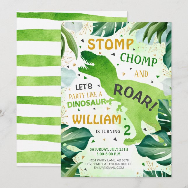 T Rex Dinosaur Boy Birthday Inbjudningar (Fram/baksida)