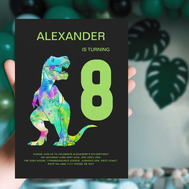 T-Rex Dinosaur Boys 8:e Födelsedagsfesten Inbjudningar (Colorful Dinosaur T-Rex boys 8th birthday party invitation green blue purple black)