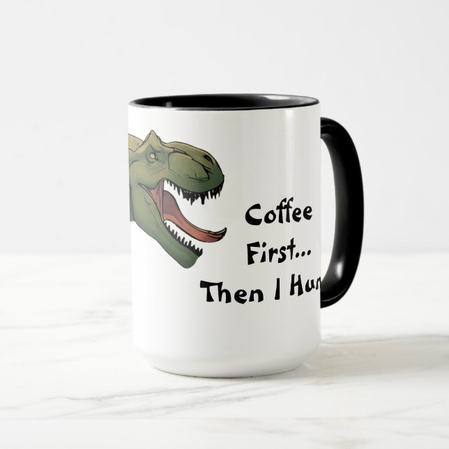 T-Rex Dinosaur Coffee först och sen hunt Mugg (Framsida höger)