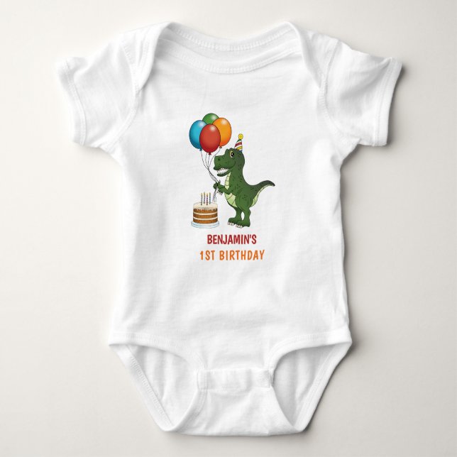 T-rex Dinosaur Colorful Balloits First Birthday T Shirt (Framsida)